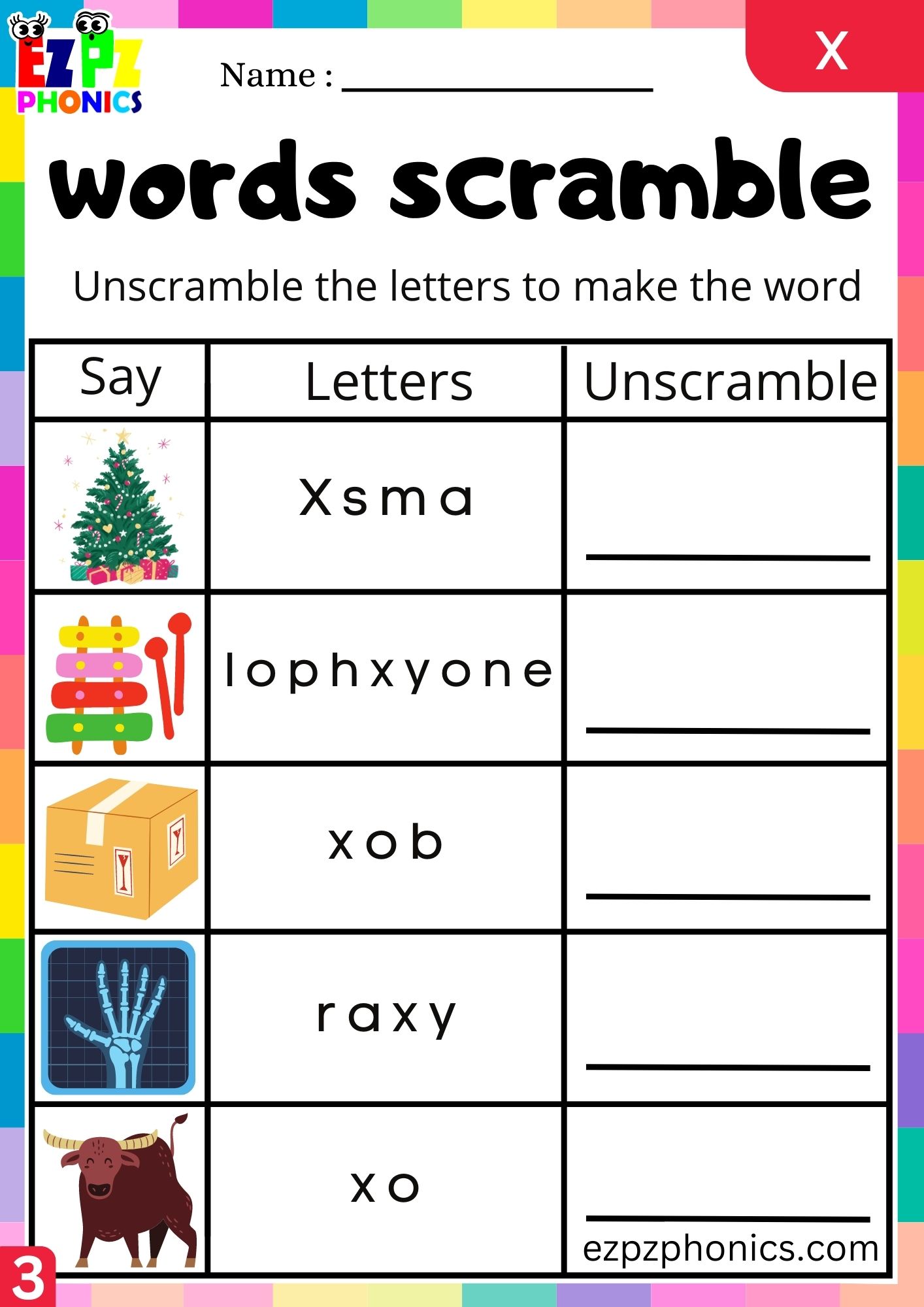 Letter x Word Scramble Write the Words Phonics Activity Group 3